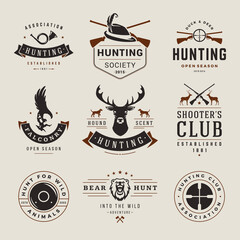 Set hunting weapon wild animals shooting hobby vintage logo decorative design with place for text vector illustration. Collection retro emblem template bear deer crossed guns hunt leisure activity
