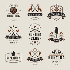 Minimalist brutal hobby leisure activity society vintage logo set vector illustration. Collection hunting fishing camping hiking expedition shooting weapon target retro emblem branding identification