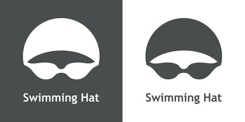 Logo con texto Swimming Hat. Icono plano con silueta de cabeza de nadador con sombrero de natación y gafas protectoras en fondo gris y fondo blanco - obrazy, fototapety, plakaty