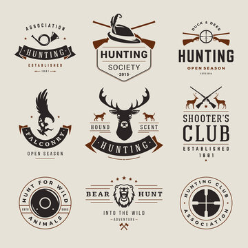 Set Hunting Weapon Wild Animals Shooting Hobby Vintage Logo Decorative Design With Place For Text Vector Illustration. Collection Retro Emblem Template Bear Deer Crossed Guns Hunt Leisure Activity