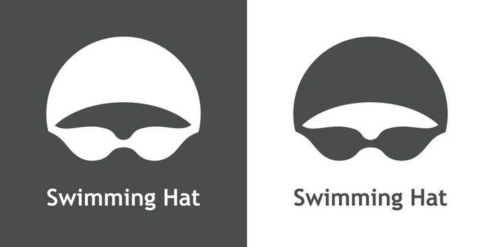 Logo con texto Swimming Hat. Icono plano con silueta de cabeza de nadador con sombrero de natación y gafas protectoras en fondo gris y fondo blanco