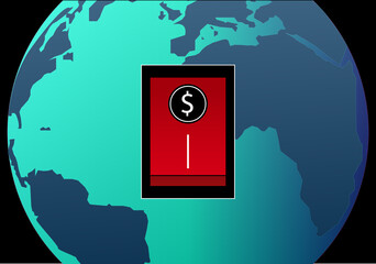 El poder del dólar en el mundo. Símbolo del dólar sobre un interruptor rojo sobre el planeta Tierra en tonos azules © Gabrieuskal