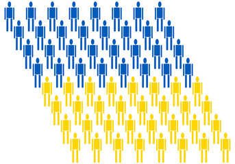 Ucranios, ucranianos formando la bandera de Ucrania. Siluetas de personas formando la bandera de Ucrania en azul y amarillo sobre fondo blanco. Grupo o ejercito de ucranianos. Población ucraniana - obrazy, fototapety, plakaty