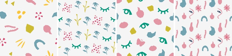 Set of vector seamless patterns. Floral and abstract shapes