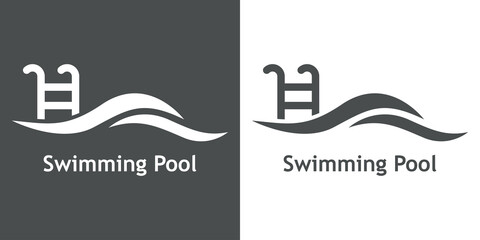 Logo con texto Swimming Pool. Icono plano con silueta de escalera de mano con olas en fondo gris y fondo blanco © teracreonte