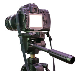 modern DSLR camera on tripod isolated on white background