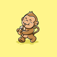 cute monkey drinking boba tea while walking