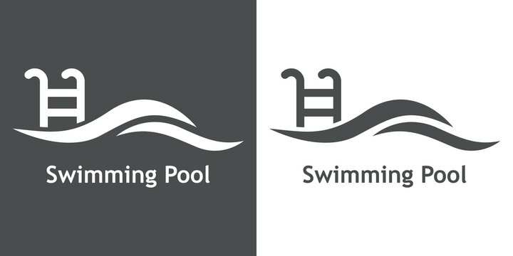 Logo con texto Swimming Pool. Icono plano con silueta de escalera de mano con olas en fondo gris y fondo blanco