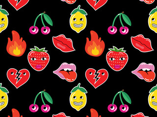 Seamless pattern with stickers with funny cartoon characters. Big set of comic elements in trendy retro cartoon style.