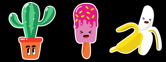 funny stickers in the style of the 90s, on a black background, lemon, cactus, ice cream
