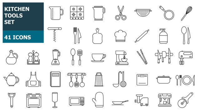 Kitchen and cooking thin icons set. Outline stroke icon design. 