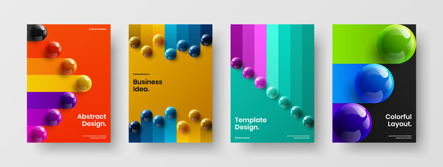 Minimalistic company brochure vector design illustration composition. Unique realistic spheres front page template bundle.