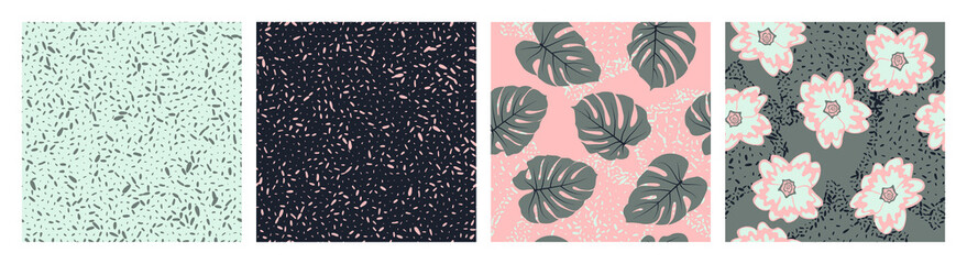 Gray monstera tropical leaves, pink flowers. Collage contemporary floral and polka dot shapes seamless pattern set. Modern exotic design for cover, fabric, interior decor.