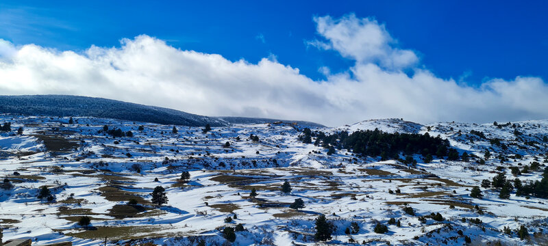 Snow-capped mountains at the top of the village of Valdelinares, Spain.