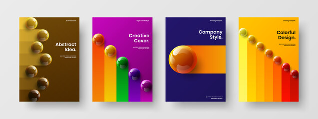 Abstract handbill A4 vector design illustration collection. Original 3D spheres corporate cover template set.