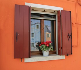 Italy, Veneto, Venezia: Detail of Colorful Window in Burano Island.