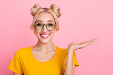 Photo of good young blond lady hold promo wear eyewear t-shirt isolated on pink color background