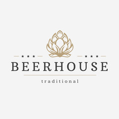 Minimalist natural hop cone with leaves vintage textured decorative logo with place for text vector illustration. Brewery craft beer store shop pub bar premium emblem template design branding id
