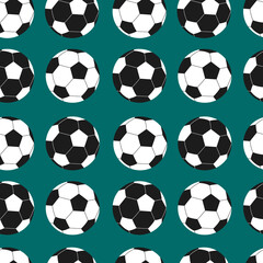 Football tiled pattern. Seamless green background with white and black soccer balls. Vector flat repeating illustration for sport designs, textile
