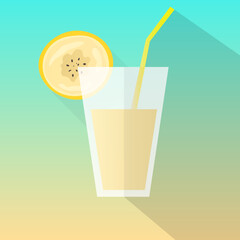 Banana juice glass. Flat icon with long shadow. Vector illustration