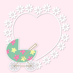 Delicate card for a newborn with a pram and a heart of white flowers. Vector graphics for greeting card or invitation