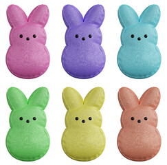 Set 3d easter glitter multicolor toy bunnies on white background