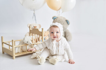 Fototapeta premium Toddler boy birthday. Child with balloons and toys. Happy Birthday! Celebration First year baby.