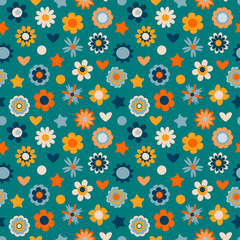 Floral seamless pattern, cute flowers, hearts and stars, raster version. Bright illustration, can be used for baby goods, wrapping paper, wallpaper and textile