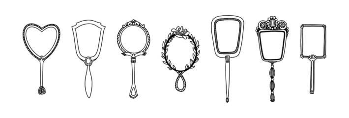 A set of antique mirrors with a handle. Round, oval and rectangular hand mirrors. Vintage makeup accessories, frames of various shapes. Hand drawn vector illustration on white isolated.