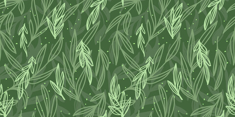 Naklejka na ściany i meble Seamless doodle green universal background with leaves