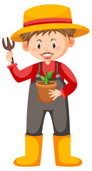 Old man holding plant on white background