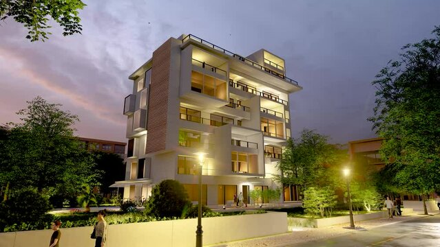Modern upscale apartment building at dusk