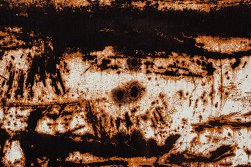 Dark brown rust on white metal sheet texture, abstract background with stains