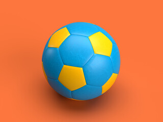3d render leather blue yellow soccer ball on orange background