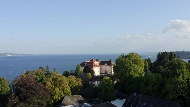 Aerial drone flight over the island Mainau in the Lake Constance