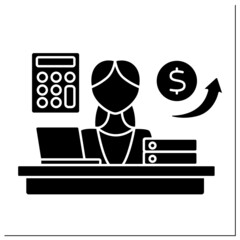 Account department glyph icon. Financial statements preparation.Bills payment, customer bills preparation, payroll.Managing economic.Company.Filled flat sign. Isolated silhouette vector illustration