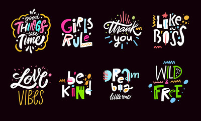 Hand drawn colorful modern lettering phrases set. Motivation quotes vector illustration.