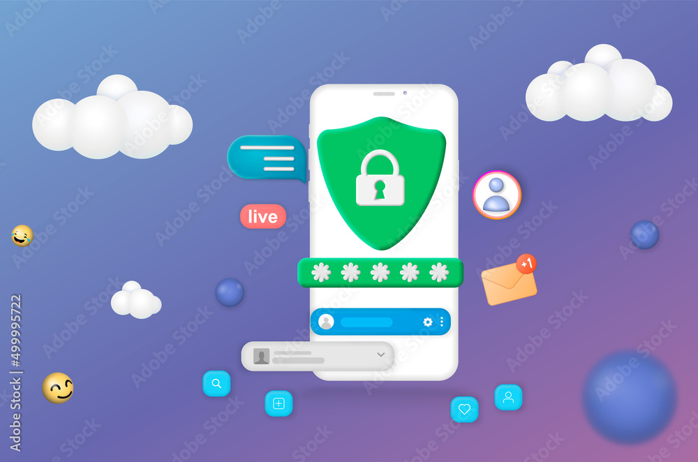 Poster User data protection. Password check in personal web account 3d icon. Protection of user data on website. File management. Electronic document management. Vector illustration 3d style