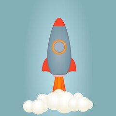 3d cartoon style minimal spaceship rocket icon. Toy rocket upswing ,spewing smoke. Startup, space, business concept.