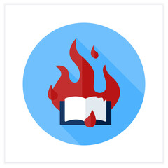 Book burning flat icon. Deliberate destruction of written materials. Censure due to cultural, religious, or political opposition.Censorship concept. 3d vector illustration