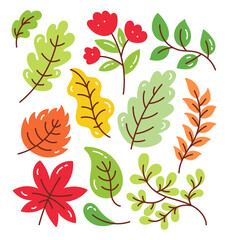 Set of color autumn, spring and summer doodle leaves. Elements isolated on white background.