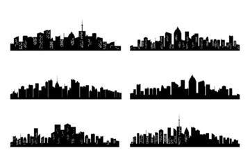 Obraz premium Black cities silhouette collection. Horizontal skyline set in flat style isolated on white. Cityscape with windows, urban panorama of night town. Jpeg illustration