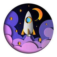 Paper rockets launch from Earth to reach the moon. Paper cut style.