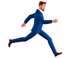 3d Business man running fast. Late business person rushing in a hurry to get on time. 3d rendering character illustration isolated on white.