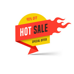 Hot sale banner design template. Flat fire flame speech bubbles special offers discounts vector illustration.