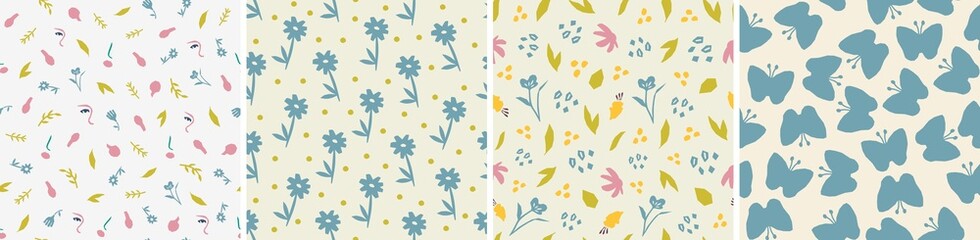 Set of seamless patterns in cutout style. Vector backgrounds