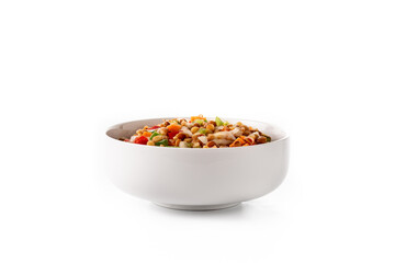 Lentil salad with peppers,onion and carrot in a bowl isolated on white background