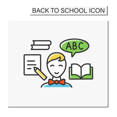 Reading color icon. Happy schoolboy ready to school. Reading and writing lesson. Education concept. Isolated vector illustration