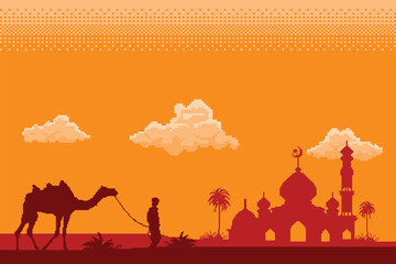Pixel art of the month of Ramadan, the Muslim holiday. there are shadows of camels and humans under a sky full of stars