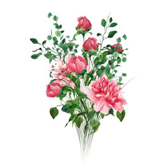 Watercolor bouquet from flower of peonies and leaves. Hand-drawn bright illustration of blooming flowers. Perfect for design of postcard, poster, banner, decoration of wedding and Valentine's Day.